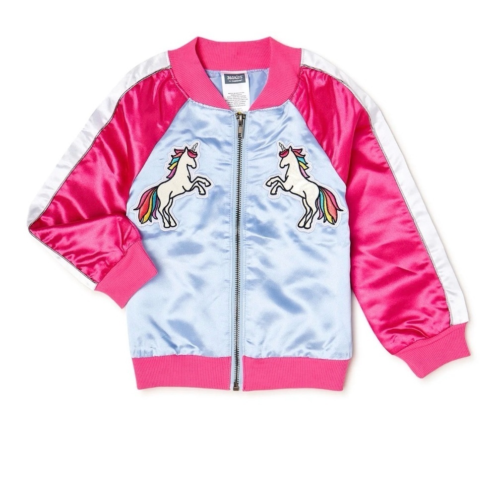 Unicorn Satin with Pink and Blue Accents Bomber Jacket